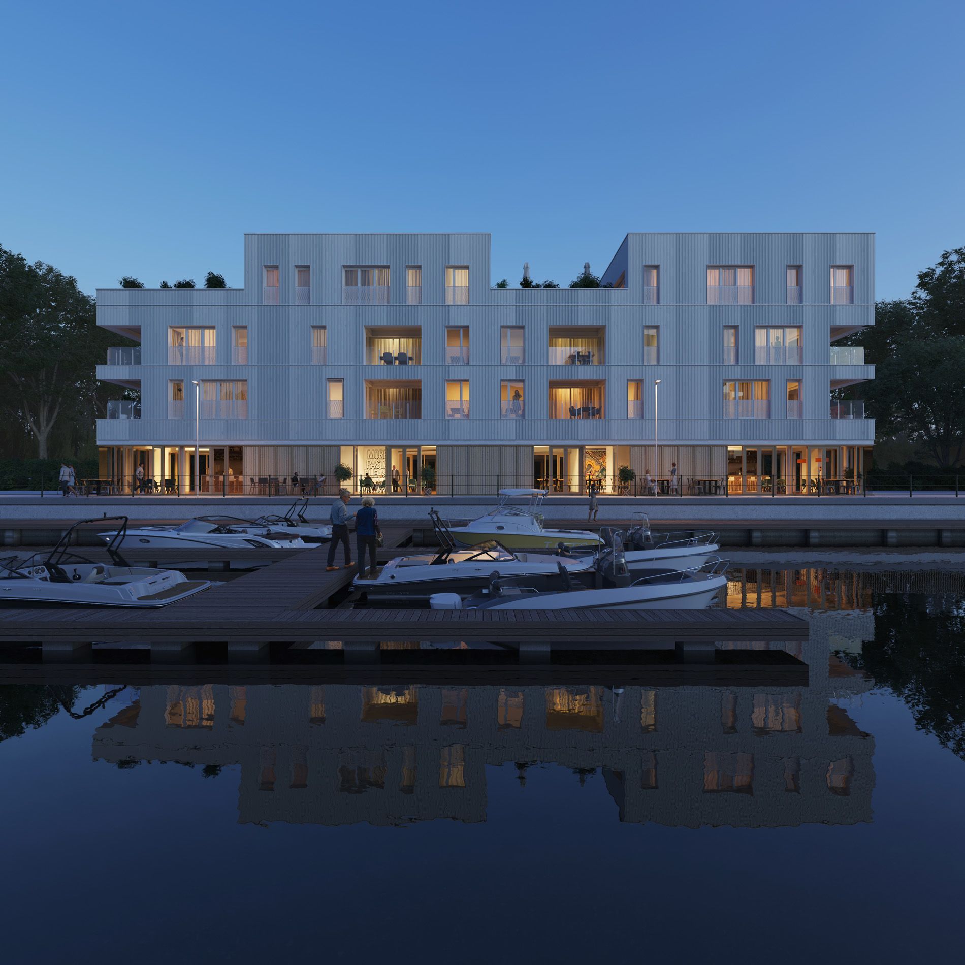 Maison contemporaine à vendre, vue extérieure le soir, port de plaisance
