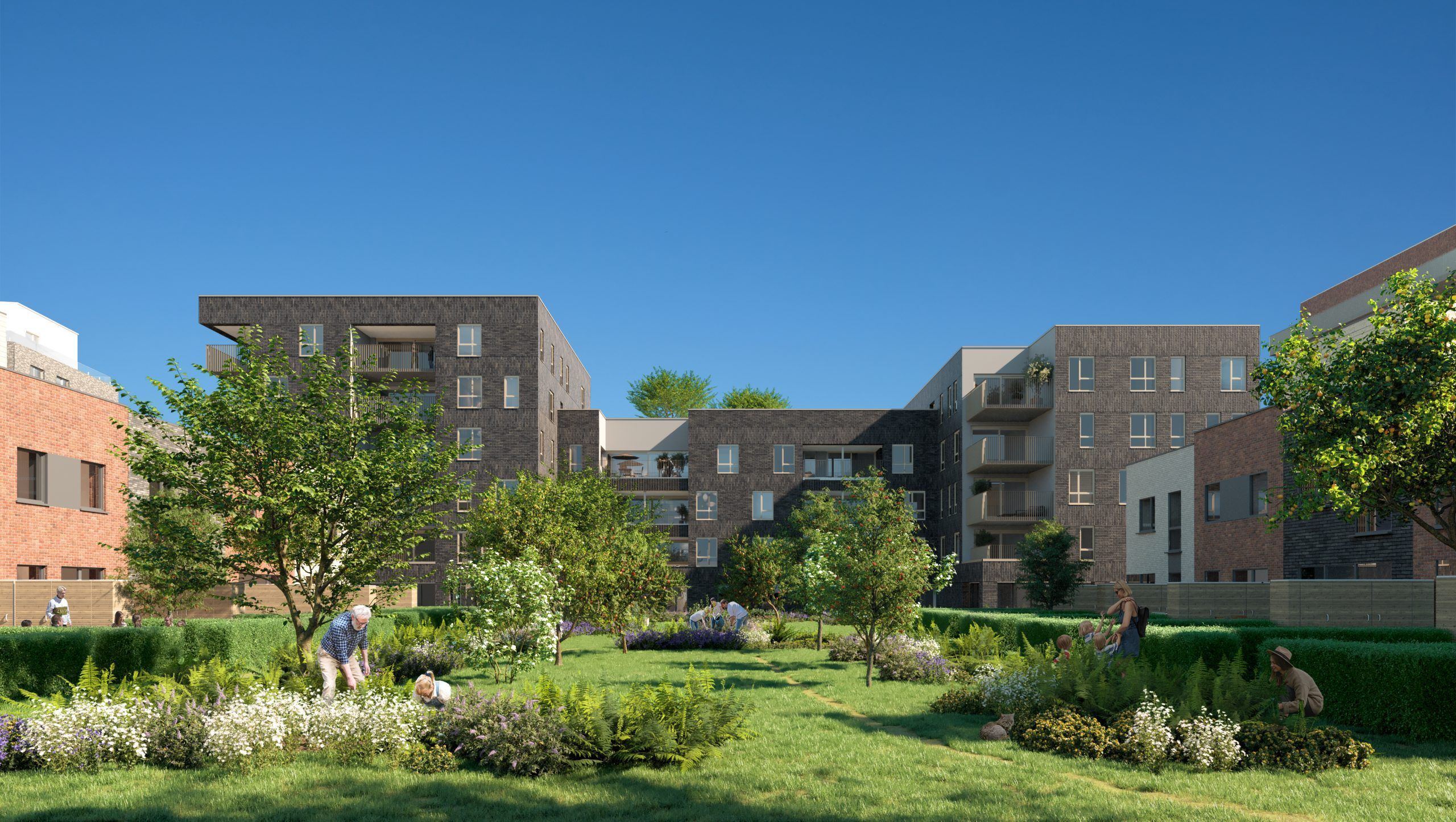 Maison basse énergie clé sur porte, vue jardin partagé