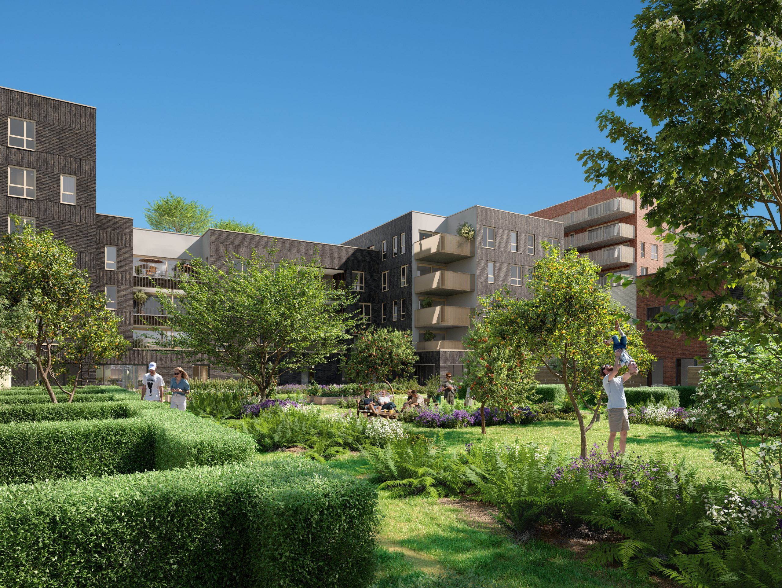 Projet immobilier neuf Liège, vue jardin partagé