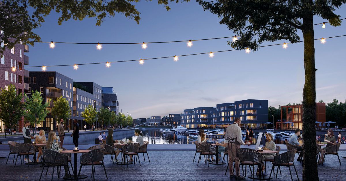 projet immobilier à Liège, vue extérieure et port de plaisance
