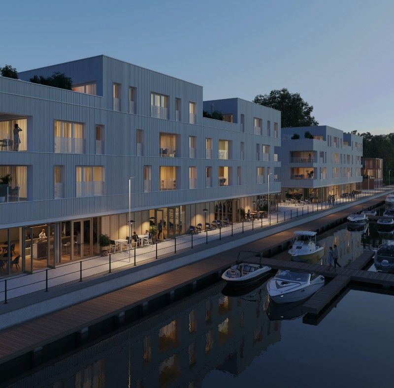 Projet d’écoquartier, vue port de plaisance et logements