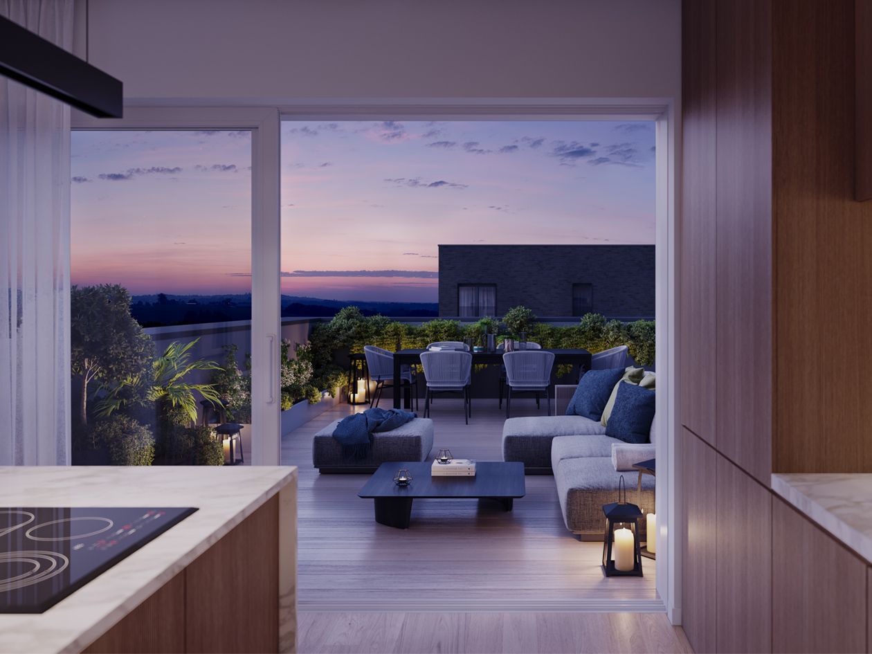 Vue extérieure terrasse penthouse à vendre à Liège